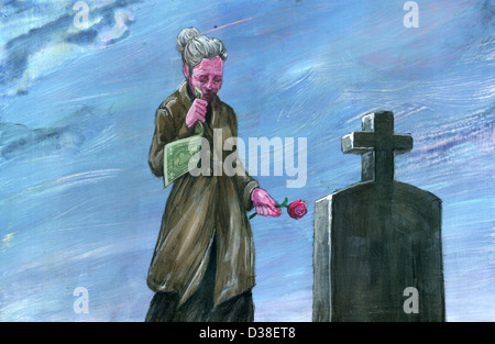 Immagine illustrativa di senior donna con denaro e fiore nella parte anteriore del cimitero Foto Stock
