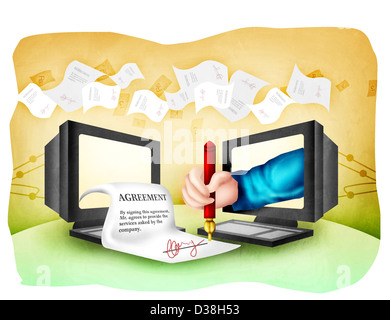 Illustrazione raffigurante la firma del contratto online document Foto Stock