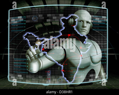 Il robot di toccare i principali punti di destinazione sulla mappa dell'India su uno schermo virtuale Foto Stock