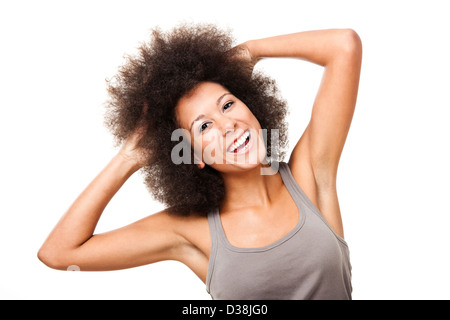 Felice di afro-americana giovane donna isolato su bianco Foto Stock