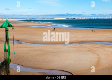 Dog walker sulla spiaggia sabbiosa a Seaton Sluice Northumberland, Regno Unito. Le turbine eoliche presso il porto di Blyth nella distanza Foto Stock