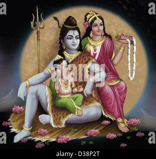 Close-up di Shiv-Parvati con Lord Ganesha Foto Stock