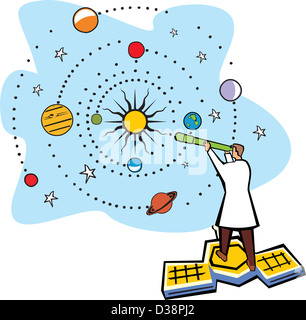 Scienziato in piedi su un satellite e di analisi del sistema solare Foto Stock