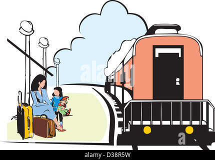 Madre con sua figlia in attesa di un treno su una piattaforma Foto Stock