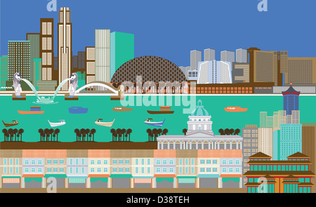 Illustrazione che mostra la parte superiore attrazioni turistiche in Singapore Foto Stock