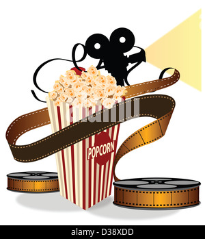 Close-up di popcorn con bobina di pellicola Foto Stock