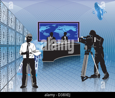 Televisione news presentatori con un cameraman in uno studio televisivo Foto Stock