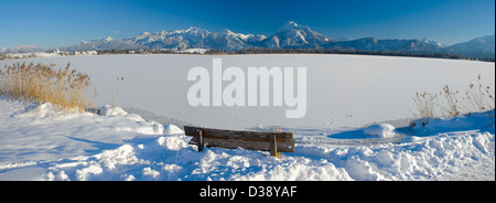 Vista panorama in Baviera, Germania, oltre il Lago Hopfensee denominato alle Alpi montagne in inverno pieno di sole giorno Foto Stock