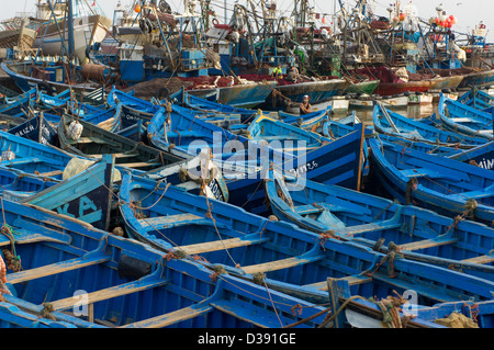 Tradizionale blu barche da pesca e le navi per la pesca a strascico pesca ormeggiate nel porto di Essaouira, Essaouira, Marocco Foto Stock