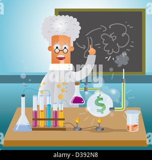 Rappresentazione illustrativa che mostra esperimento scientifico e il simbolo di valuta Foto Stock