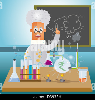 Rappresentazione illustrativa di un uomo che fa del denaro nella ricerca di un laboratorio Foto Stock