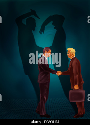 Due imprenditori di scuotimento con le mani dietro le ombre nere che mostra la criminalità Foto Stock