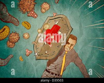 Immagine concettuale di uomo in conflitto con antivirus raffiguranti assicurazione medica su sfondo colorato Foto Stock