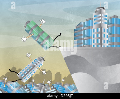 La caduta di edifici che rappresentano il concetto di incertezza di business Foto Stock