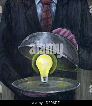 Immagine illustrativa dell'uomo che serve incandescente lampadina nel piatto che rappresentano nuove idee Foto Stock