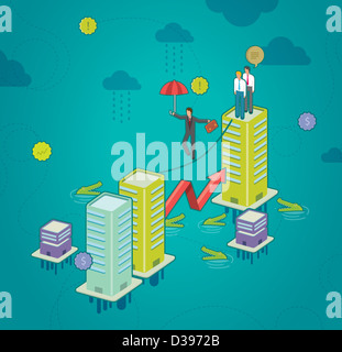 Illustrazione di imprenditore su un funambolico ombrello di contenimento con i coccodrilli in acqua raffigurante il rischio in azienda Foto Stock