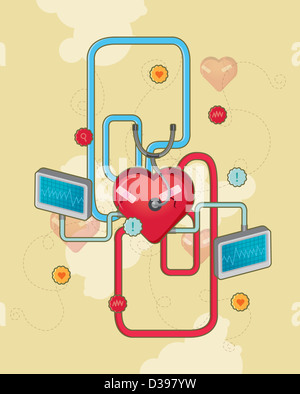 Cuore collegato con il tracciato del polso schermo raffigurante la cardiologia Foto Stock