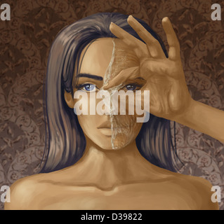Ritratto di una donna con il peeling delle mani fuori la maschera raffigurante il concetto di processo di invecchiamento Foto Stock