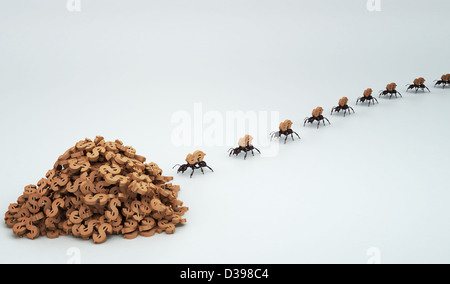 Fila di formiche raccolta di dollar sign isolate su sfondo colorato raffigurante il lavoro di squadra Foto Stock