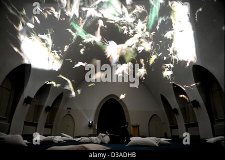 Berlino, Germania. 14 febbraio 2013. Un uomo guarda l'installazione 'l'ultima sentenza' DI NOI ARTISTI Lucien Castaing-Taylor e Verena Paravel una parte del gruppo mostra 'onde particelle vs' che è presentato nella sezione Berlinale Forum "Ampliato" al silenzioso kulturquartier verde, l'ex "Krematorium nozze", durante la 63a edizione annuale Festival Internazionale del Cinema di Berlino, Berlino, Germania, 14 febbraio 2013. Foto: Britta Pedersen/dpa/Alamy Live News Foto Stock