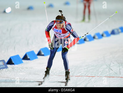Tim Burke di USA reagisce dopo aver vinto la medaglia d'argento a 20 km maschile gara a i Campionati Mondiali di Biathlon di Nove Mesto na Morave, Repubblica Ceca, giovedì 14 febbraio, 2013. (CTK foto/Vondrous Romano) Foto Stock