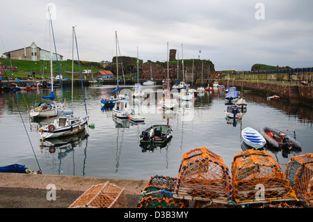 Una vista di Dunbar harbour con lobster pot in primo piano e il castello di Dunbar in background. Dunbar, East Lothian, Scozia Foto Stock