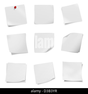 Raccolta di vari foglietto sbozzato libro bianco su sfondo bianco. Foto Stock