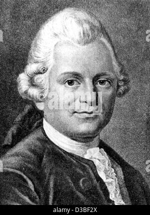 (Dpa file) - Una foto non datata mostra drammaturgo tedesco e autore Gotthold Ephraim Lessing su un dipinto contemporaneo. Egli era nato il 22 gennaio 1729 in Kamenz, Germania, e morì il 15 febbraio 1781 in Brunswick, Germania. Egli divenne famosa in tutto il mondo con le sue opere "l'inna von Barnhelm', 'Nathan der Weise" Foto Stock