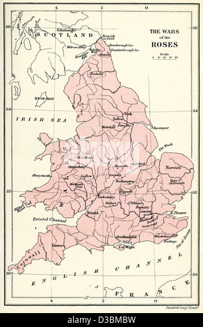 Mappa di Inghilterra che mostra posizioni importanti durante la guerra dei Roses Foto Stock