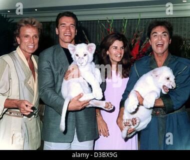 (Dpa) - Tedesco maghi Siegfried (L) e Roy (R) pongono con Austrian nato noi attore Arnold Schwarzenegger e sua moglie Maria Shriver per una foto mentre entrambi tenere due white lion cuccioli nella loro mano a Las Vegas, USA (filer non datato). Sia il tedesco nato maghi hanno accolto Schwarzenegger's decis Foto Stock