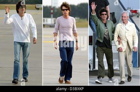 (Dpa) - Una combo mostra i membri del britannico del gruppo rock Rolling Stones, (da L:) Ron Wood, Mick Jagger, Keith Richards e Charlie Watts, arrivando all'aeroporto di Hannover, Germania, 7 agosto 2003. Le pietre daranno il loro ultimo concerto in Germania del Licks world tour il 8 Agosto a Hannover Foto Stock