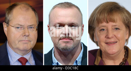 File - un file composito mostra fotografica candidato cancelliere tedesco del Partito Socialdemocratico SPD Peer Steinbrueck (L-R), datata 20 settembre 2009, intrattenitore e conduttore televisivo Stefan Raab, datata 12 settembre 2012, e il cancelliere tedesco Angela Merkel, datata 19 gennaio 2013. Report stato, che Stefan Raab ospiterà il 2013 elezioni parlamentari telivision dibattito tra Merkel e Steinbrueck. Foto: dpa Foto Stock