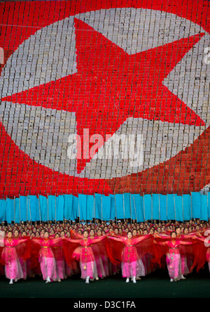 Nord Bandiera coreana durante l'Arirang giochi di massa al giorno di maggio Stadium, Pyongyang, Corea del Nord Foto Stock