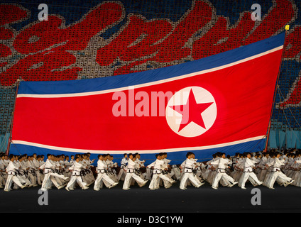 Nord Bandiera coreana durante l'Arirang giochi di massa al giorno di maggio Stadium, Pyongyang, Corea del Nord Foto Stock