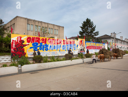 L'uomo tirando una carriola nella parte anteriore della propaganda comunista poster, Hamhung, Corea del Nord Foto Stock