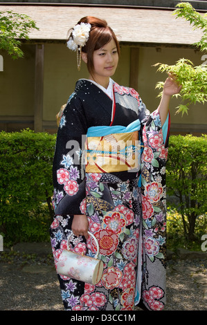 Carino, 20-qualcosa ragazza giapponese indossando il tradizionale furisode lungo il manicotto a kimono con molla design floreale pone a Fukui, Giappone Foto Stock