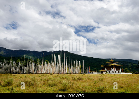 Zangto Pelri Lhakhang,Chokhor valley,Bumthang,molte bandiere di preghiera in una linea di temple,landscape,Hills,36MPX,Hi-res Foto Stock