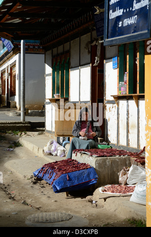 Donna bhutanesi/negoziante con carne di essiccazione al sole prepairing pan o dado beetle,Chamkar town, Bumthang,Bhutan,36MPX,Hi-res Foto Stock