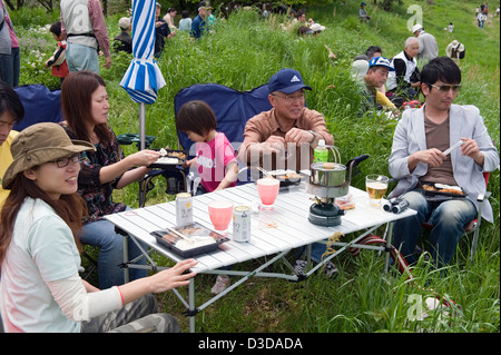 Outdoor picnic di famiglia in stile Giapponese con fold-up tavolo e sedie, camp stufa e molta birra. Foto Stock