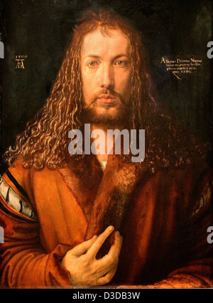 Albrecht Durer, autoritratto con accappatoio Fur-Trimmed 1500 olio su pannello. Alte Pinakothek di Monaco di Baviera Foto Stock