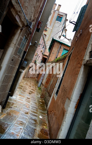 Back Street a Venezia, Italia, umido dopo la pioggia, graffiti sui muri, in corrispondenza di un angolo. Foto Stock