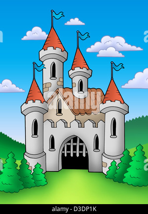 Il vecchio castello medievale nel paesaggio - Illustrazione a colori. Foto Stock