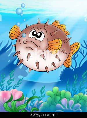 Balloonfish con bolle - Illustrazione a colori. Foto Stock