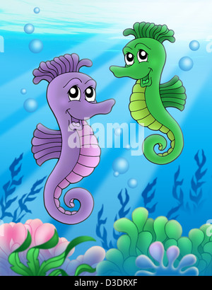 Coppia di cavalli marini - Illustrazione a colori. Foto Stock