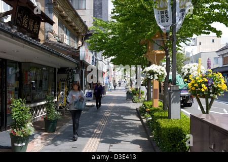 Coloratissimi fiori di primavera ravviva la Chuo-dori (via principale) nella città di Nagano tra la stazione ferroviaria e il Tempio Zenkoji. Foto Stock