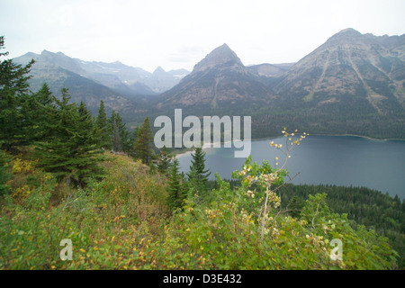 Goat Haunt Overlook, situato nel Glacier National Park e nel Waterton-Glacier International Peace Park, offre splendide vedute del lago Waterton e delle circostanti Montagne Rocciose. Foto Stock