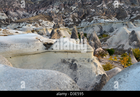 Camini di Fata e liscia tufo vulcanico a monaci Pasabag Valley al tramonto Cappadocia Turchia Foto Stock
