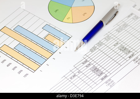 La penna di un foglio di calcolo e grafici colorati Foto Stock