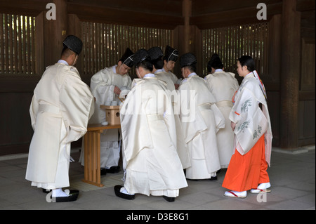 Lo Shintoismo sacerdoti e una miko fanciulla in abito rosso prendere parte a bere sake rituale religioso cerimonia al Meiji Jingu, Tokyo, Giappone. Foto Stock