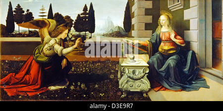 Leonardo da Vinci, l'Annunciazione 1473-4 Olio e tempera su pannello di pioppo. Galleria degli Uffizi Foto Stock